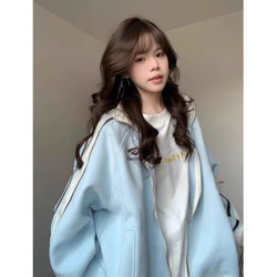 American retro stand collar Stripes Patchwork Raglan Sweatshirt female Fall and winter Fleece-lined thickened Loose Preppy style jacket Outwear American retro stand collar Stripes Patchwork Raglan Sweatshirt female Fall and winter Fleece-lined thickened Loose Preppy style jacket Outwear
