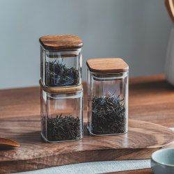Small Capacity Mini Homestay Tea Canister Square Wooden Lid Glass Storage Jar Grain Coffee Sealed Storage Bottle Small Capacity Mini Homestay Tea Canister Square Wooden Lid Glass Storage Jar Grain Coffee Sealed Storage Bottle