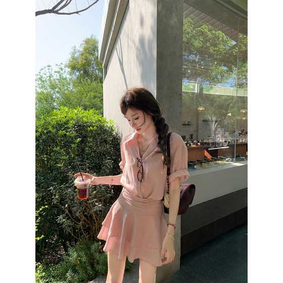 Eight-covered pinky piggy Roman relaxation holiday style pink breathing linen shirt suit high waist skirt Eight-covered pinky piggy Roman relaxation holiday style pink breathing linen shirt suit high waist skirt