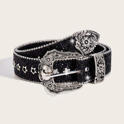 Women's Belt, Subculture American Retro Style, Star Belt, Black, Designer, Extended Length, Five-Pointed Star, Full Holes, No Need to Punch Holes Women's Belt, Subculture American Retro Style, Star Belt, Black, Designer, Extended Length, Five-Pointed Star, Full Holes, No Need to Punch Holes