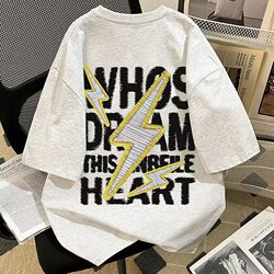 Pure Cotton Short-Sleeve T-Shirt for Men and Women, 2025 New Summer American-Style Faux Embroidery Lightning English Letter Slim-Fit T-Shirt in White and Gray Pure Cotton Short-Sleeve T-Shirt for Men and Women, 2025 New Summer American-Style Faux Embroidery Lightning English Letter Slim-Fit T-Shirt in White and Gray
