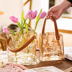 American-Style Light Luxury Creative Leather Hand-Held Vase Glass Hydroponic Flower Arrangement Rose Lily Living Room Dining Table Decoration Ornament American-Style Light Luxury Creative Leather Hand-Held Vase Glass Hydroponic Flower Arrangement Rose Lily Living Room Dining Table Decoration Ornament