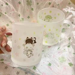 Cute Four-Leaf Clover Kitten Frosted Glass Cup for Girls, High Aesthetic Value, Large Capacity, Household Drinking Cup, Brewing Cup for Men Cute Four-Leaf Clover Kitten Frosted Glass Cup for Girls, High Aesthetic Value, Large Capacity, Household Drinking Cup, Brewing Cup for Men