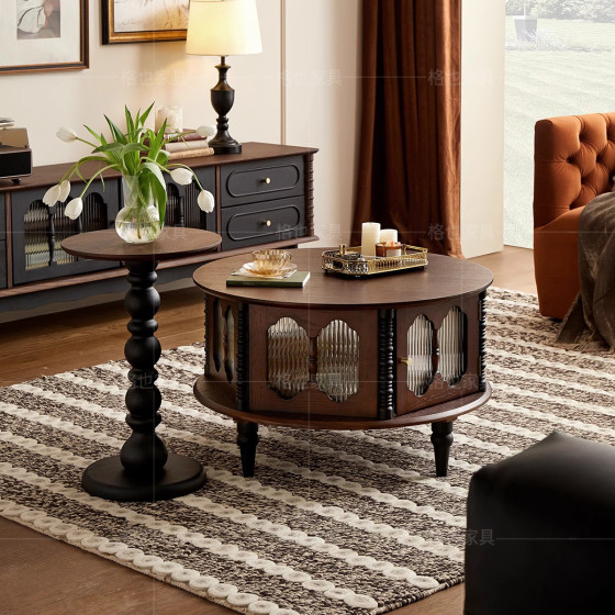 French retro full solid wood round tea table combination medieval style living room household small apartment Changhong glass small tea table French retro full solid wood round tea table combination medieval style living room household small apartment Changhong glass small tea table
