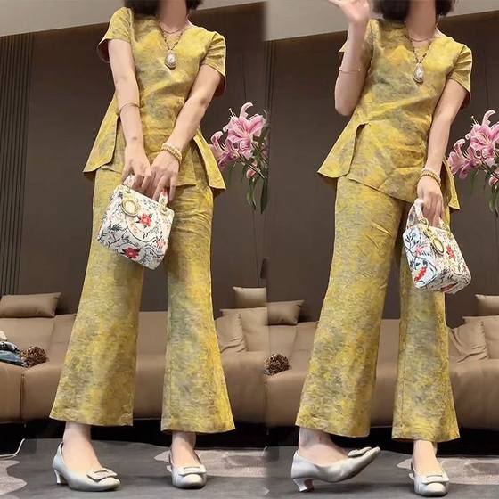 New Chinese style yellow suit 2025 summer new large-size fashionable tops and pants fashionable two-piece set New Chinese style yellow suit 2025 summer new large-size fashionable tops and pants fashionable two-piece set