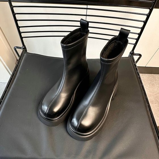 French short boots for women's thick heels 2024 new winter plus velvet round toe thick sole fashion boots heightening and slimming short boots French short boots for women's thick heels 2024 new winter plus velvet round toe thick sole fashion boots heightening and slimming short boots