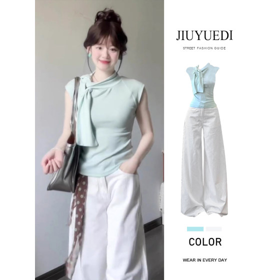 JIUYUEDI Korean light green women's front shoulder straps and small flying sleeves top wide-leg pants commuting fashion
JIUYUEDI Korean light green women's front shoulder straps and small flying sleeves top wide-leg pants commuting fashion