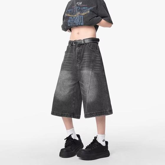 Men's American retro washing and old denim shorts men and women straight loose cleanfit cropped pants Men's American retro washing and old denim shorts men and women straight loose cleanfit cropped pants
