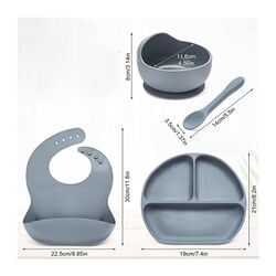 Five-piece feeding tableware set, baby silicone bib drool pocket, children's food supplement bowl set, divided plate, anti-fall Five-piece feeding tableware set, baby silicone bib drool pocket, children's food supplement bowl set, divided plate, anti-fall