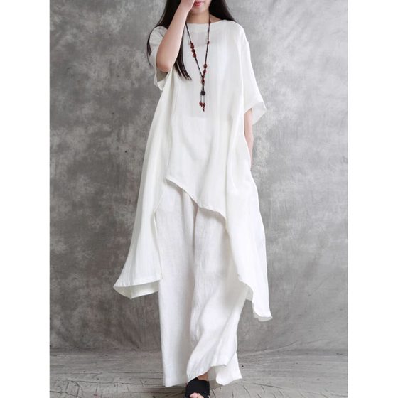 Large size irregular cotton and linen suit for women 2025 summer slim mid-sleeved top loose casual wide-leg pants two-piece set
Large size irregular cotton and linen suit for women 2025 summer slim mid-sleeved top loose casual wide-leg pants two-piece set