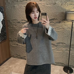 Round-Neck Lace Patchwork Sleeve Sweatshirt for Women, 2025 New Style, Thickened, High-End Feel, Loose, Lazy, Super Pretty, Elegant Top Round-Neck Lace Patchwork Sleeve Sweatshirt for Women, 2025 New Style, Thickened, High-End Feel, Loose, Lazy, Super Pretty, Elegant Top