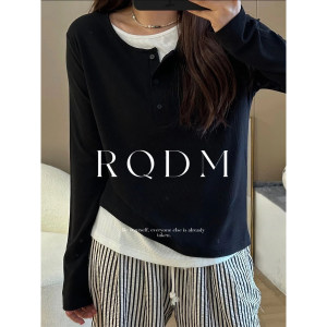 Slimming fake two-piece long-sleeved T-shirt for women with large size splicing contrasting top slightly fat MM loose shoulders autumn and winter base shirt 
Slimming fake two-piece long-sleeved T-shirt for women with large size splicing contrasting top slightly fat MM loose shoulders autumn and winter base shirt