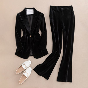 One capsule long -sleeved gold velvet small suit lady mid -length autumn and winter slim waist suits two -piece suit One capsule long -sleeved gold velvet small suit lady mid -length autumn and winter slim waist suits two -piece suit