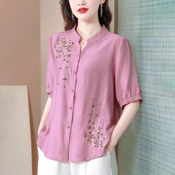 Summer Mid Sleeve Cotton and Hemp Top for Women 2025 New Style Chinese Embroidery Women's Shirt Mom's Loose Linen Small Shirt Summer Mid Sleeve Cotton and Hemp Top for Women 2025 New Style Chinese Embroidery Women's Shirt Mom's Loose Linen Small Shirt