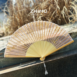 Zhimu Women's Elegant and Simple Gold-Dusted Soft Pink Folding Fan Wedding Bouquet Fan Photography Prop Semi-Transparent Gold Zhimu Women's Elegant and Simple Gold-Dusted Soft Pink Folding Fan Wedding Bouquet Fan Photography Prop Semi-Transparent Gold