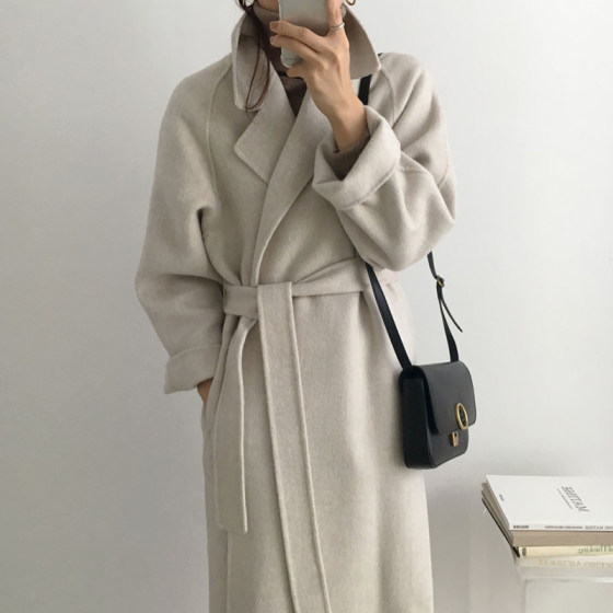 South Korea Chic minimalist retro suit collar lace, waist loose mid -length hair coat coat female South Korea Chic minimalist retro suit collar lace, waist loose mid -length hair coat coat female