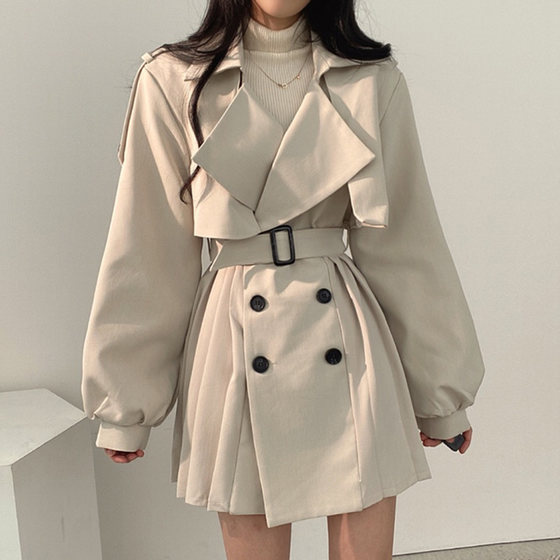 Korean chic retro suit collar double-breasted strap waist lantern sleeves small pleated windbreaker jacket women Korean chic retro suit collar double-breasted strap waist lantern sleeves small pleated windbreaker jacket women