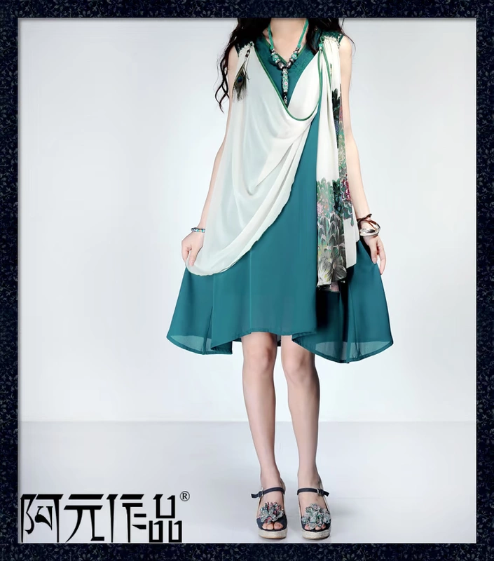 X80 A Yuan Works 2013 Mùa xuân / Mùa hè Phong cách mới của phụ nữ Váy Voan in hoa mỏng Phù hợp với váy dài V - Váy dài