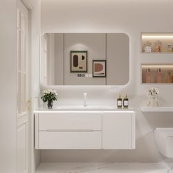 Oak Paint White Cream Style Bathroom Cabinet Set with Integrated Ceramic Basin, Toilet Washbasin Cabinet Set Oak Paint White Cream Style Bathroom Cabinet Set with Integrated Ceramic Basin, Toilet Washbasin Cabinet Set