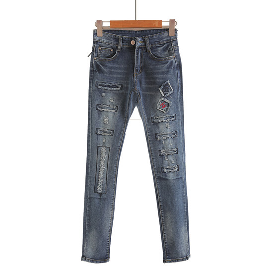 Fake ripped spliced jeans for women 2025 spring and autumn style slim and slim tight elastic embroidered denim pencil Fake ripped spliced jeans for women 2025 spring and autumn style slim and slim tight elastic embroidered denim pencil