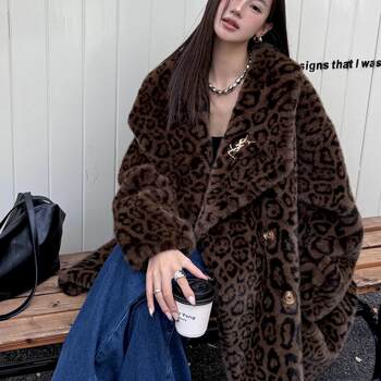 Autumn and winter new leopard print fur thickened imitation mink velvet lapel mid-length loose fur coat environmentally friendly coat for women Autumn and winter new leopard print fur thickened imitation mink velvet lapel mid-length loose fur coat environmentally friendly coat for women