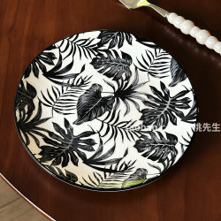 Mr. White Peach High-End Plant Needle-Leaf Black and White ins Export Ceramic Dessert Plate for Home Use, Unique and Beautiful Mr. White Peach High-End Plant Needle-Leaf Black and White ins Export Ceramic Dessert Plate for Home Use, Unique and Beautiful