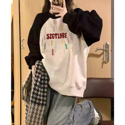 Autumn and Winter New American-Style Raglan Sleeve Color-Blocked Fleece-Lined Printed Sweatshirt for Women, High Street Loose and Casual Style Top for Petite Figures Autumn and Winter New American-Style Raglan Sleeve Color-Blocked Fleece-Lined Printed Sweatshirt for Women, High Street Loose and Casual Style Top for Petite Figures