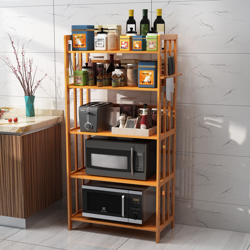 étagère Multifonction Bambou HUOLE Étagère Micro-ondes Bambou 3 Niveaux Ajustable – Rangement Cuisine Gain De Place Avec Crochets & Support Planche à Découper