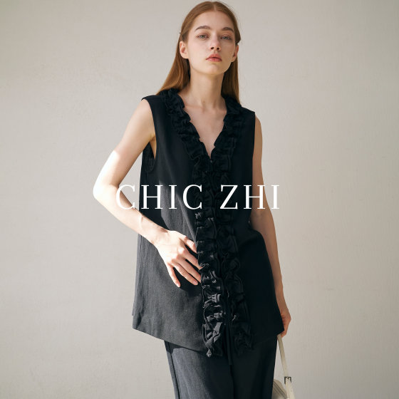 CHIC ZHI summer thin V-neck black ear sleeveless linen vest women's top wearing French black vest CHIC ZHI summer thin V-neck black ear sleeveless linen vest women's top wearing French black vest