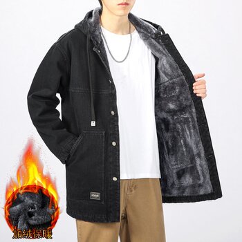 Winter plush thickened denim jacket for men loose hooded plus size lamb velvet cotton jacket trendy brand mid-length style 
Winter plush thickened denim jacket for men loose hooded plus size lamb velvet cotton jacket trendy brand mid-length style