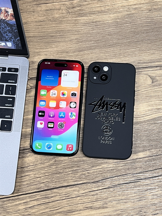 Black STUSSY New Soft Straight Edge 15, 14, 13, 12 iPhone Case
