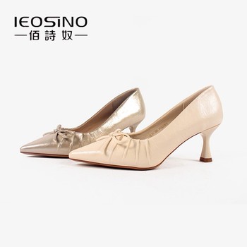 Baishinu slim heels high heels for women 2025 new autumn French versatile bow pleated shallow-mouthed pointed shoes Baishinu slim heels high heels for women 2025 new autumn French versatile bow pleated shallow-mouthed pointed shoes