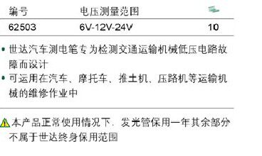 Инструмент для ремонта электрики 世达工具sata 汽车测电笔 试电笔 试灯 汽修工具6v/12v/24v/62503