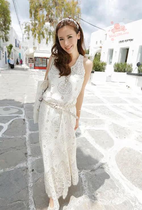 小清新文艺裂帛新品蕾丝镂空圆领吊带背心全棉裂帛正品连衣裙长裙