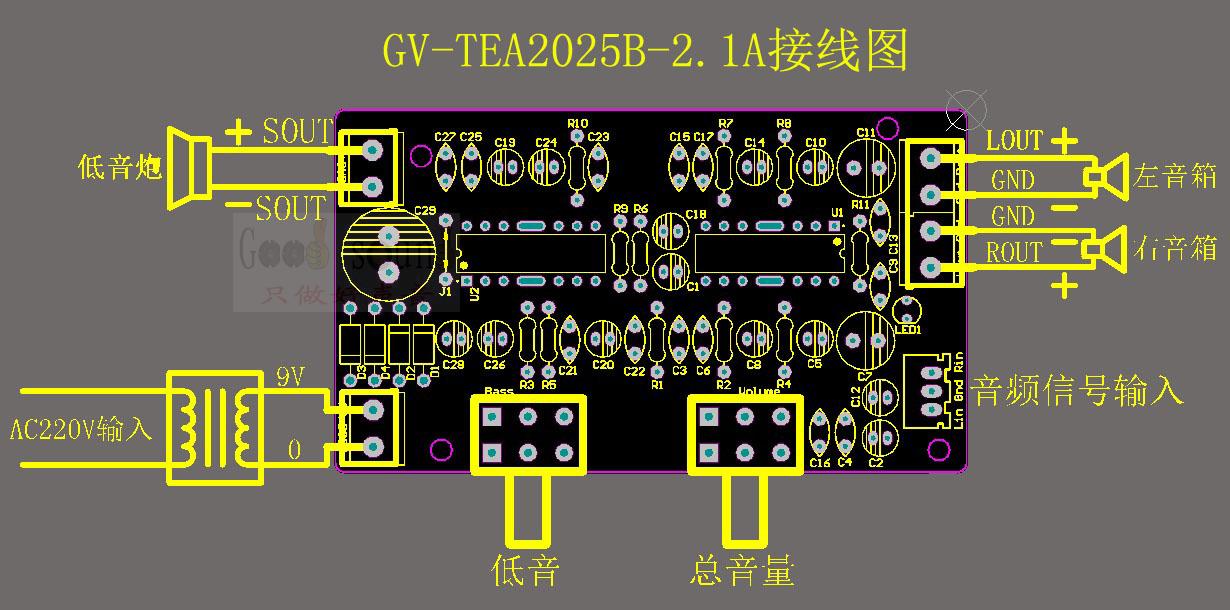 tea2025b超重低音功放板 2.1声道功放板 单电源9v/12v
