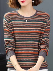 Women's Spring New Long Sleeve T-shirt Loose Outer Top Mom Fashion Striped Knit Sweater Thin Base Shirt 
Women's Spring New Long Sleeve T-shirt Loose Outer Top Mom Fashion Striped Knit Sweater Thin Base Shirt