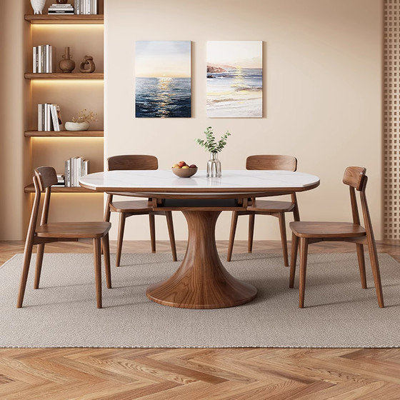 Ash wood medieval stone plate dining table for household small apartment light luxury modern simple telescopic variable round table foldable Ash wood medieval stone plate dining table for household small apartment light luxury modern simple telescopic variable round table foldable