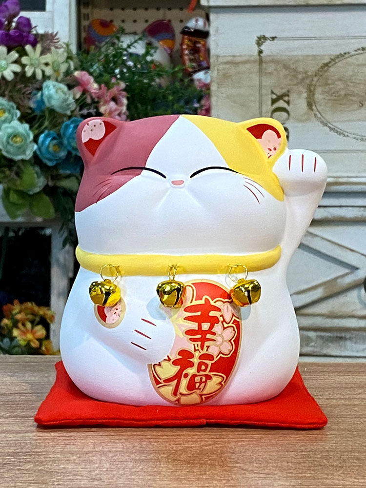 桃の花猫の貯金箱 - 金石工芸 陶器の置物