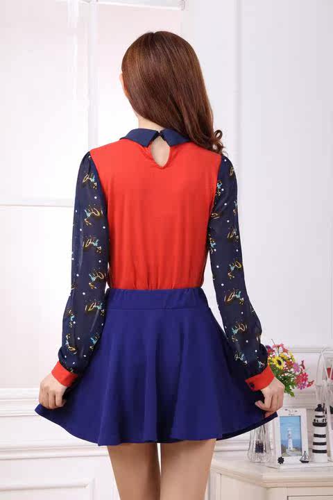 胖mm秋装2014大码女装 胖妹妹秋装新款胖人胖妞小鹿长袖雪纺上衣