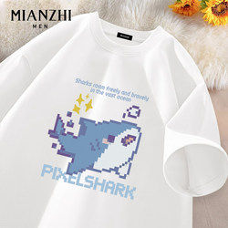 Cotton Pixel Style Little Shark Short-Sleeved Men's T-Shirt 2025 New Cartoon Youth White Pure Cotton Loose Half-Sleeve Cotton Pixel Style Little Shark Short-Sleeved Men's T-Shirt 2025 New Cartoon Youth White Pure Cotton Loose Half-Sleeve