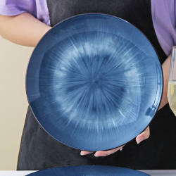 Japanese Retro Flat Plate 10inch Blue Gradient Western-Style Plate High-End Cold Dish Round Plate Home Western-Style Steak Plate Japanese Retro Flat Plate 10inch Blue Gradient Western-Style Plate High-End Cold Dish Round Plate Home Western-Style Steak Plate