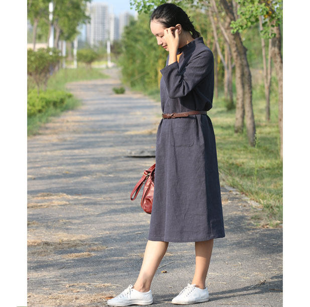 包邮原创女装棉麻连衣裙 新款春季亚麻长袖春秋直筒长裙 民国风潮