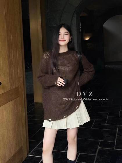 European Station 2025 autumn design sense hollow long-sleeved mohair lazy slim pullover knit sweater loose sweater European Station 2025 autumn design sense hollow long-sleeved mohair lazy slim pullover knit sweater loose sweater