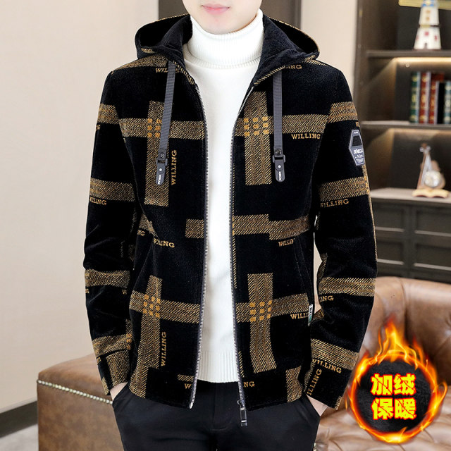 New style of men's jacket with plush velvet thickened hooded jacket for autumn and winter Korean style trendy handsome tweed jacket for men's short hooded trench coat
 New style of men's jacket with plush velvet thickened hooded jacket for autumn and winter Korean style trendy handsome tweed jacket for men's short hooded trench coat