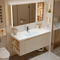 Cream Style Ceramic Integrated Basin Bathroom Sink Hand Wash Basin with Side Storage Cabinet Bathroom Cabinet Combination Cream Style Ceramic Integrated Basin Bathroom Sink Hand Wash Basin with Side Storage Cabinet Bathroom Cabinet Combination