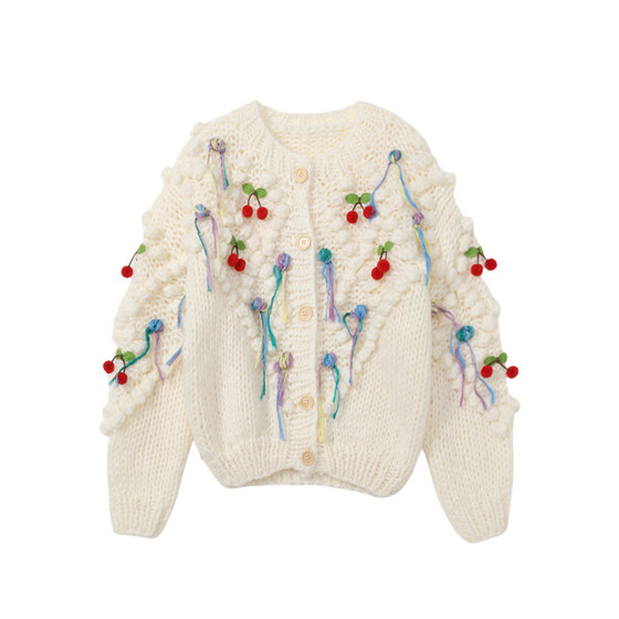 MMC heavy-duty handmade cherry wool knitted cardigan for women retro gentle style cute flowers lazy style jacket thick MMC heavy-duty handmade cherry wool knitted cardigan for women retro gentle style cute flowers lazy style jacket thick