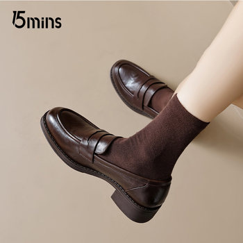 15mins thick heel loafers brown leather shoes 15mins thick heel loafers brown leather shoes