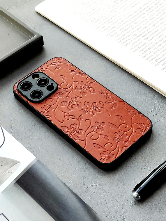Embossed Premium Flower Genuine Leather 15, 14, 13, 12, 11 iPhone Case