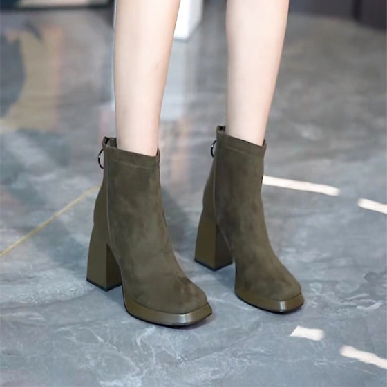 High-heeled short boots for women in autumn new square toe thick-soled fashion women's boots waterproof table rear zipper versatile thick heel Martin boots High-heeled short boots for women in autumn new square toe thick-soled fashion women's boots waterproof table rear zipper versatile thick heel Martin boots