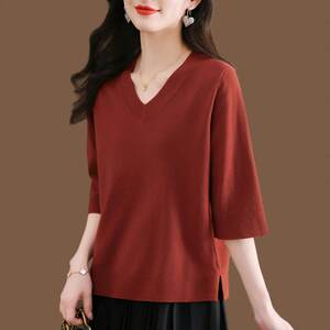 Mulberry silk base shirt for women 2025 new V-neck top ice silk sweater for women women's fashionable slim T-shirt thin short sleeves 
Mulberry silk base shirt for women 2025 new V-neck top ice silk sweater for women women's fashionable slim T-shirt thin short sleeves